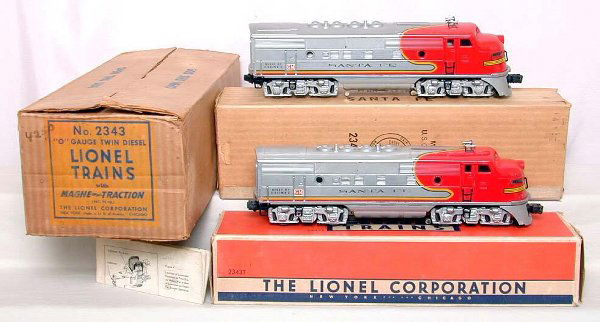 Lionel 2343 Santa Fe F3's in OB/MC: Lionel 2343 Santa Fe F3 AA units, units look nice C6 but do have some minor rubs on the silver and the portholes have been replaced. P OB is C8, T looks nice and is complete but has some tape on the i