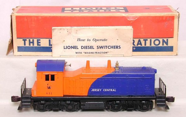 Lionel 611 Jersey Central switcher, OB: Lionel 611 Jersey Central switcher, has the usual hairline at the front, C7-8. OB is missing an end flap and is worn.