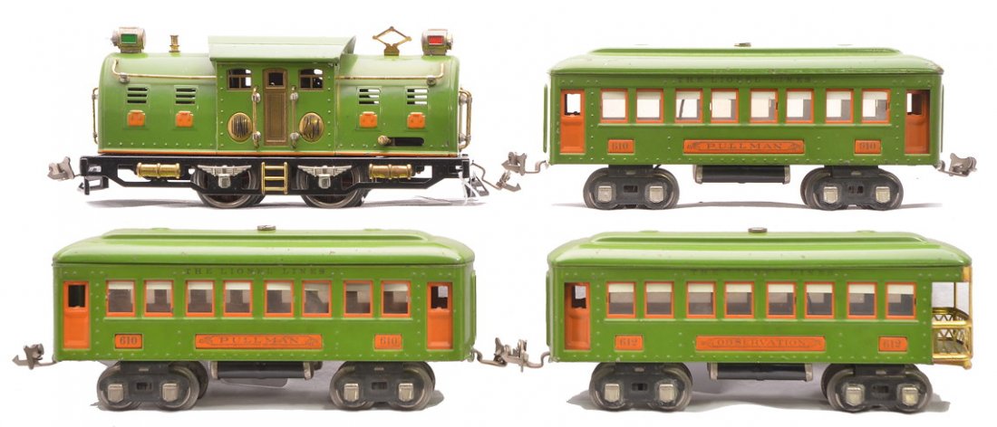 Lionel Pea Green Passenger Set no. 266: Lionel prewar O gauge pea green passenger set no. 266, circa 1930 including; 254 electric loco with orange hatches, two 610 Pullmans and a 612 observation. The passenger cars have orange inserts and n