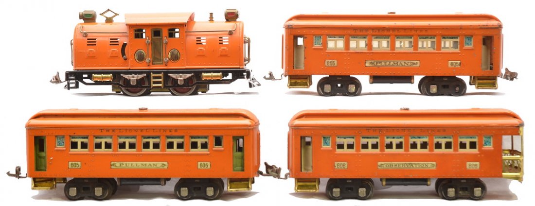 Lionel Prewar Orange Passenger Set no. 142: Lionel prewar O gauge orange passenger set no. 142 including; 254 electric loco with a Bild-A-Loco motor, two 605 Pullmans and a 606 observation. The cars have cream inserts and nickel journals. One o
