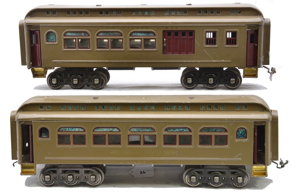 Lionel Std. Ga. Mojave Passenger Cars 419 418: Lionel prewar standard gauge two Mojave passenger cars with maroon inserts and doors and nickel journals; 419 baggage/Parlor car and a 418 Pullman. The combo car is missing a coupler and the 418 has a