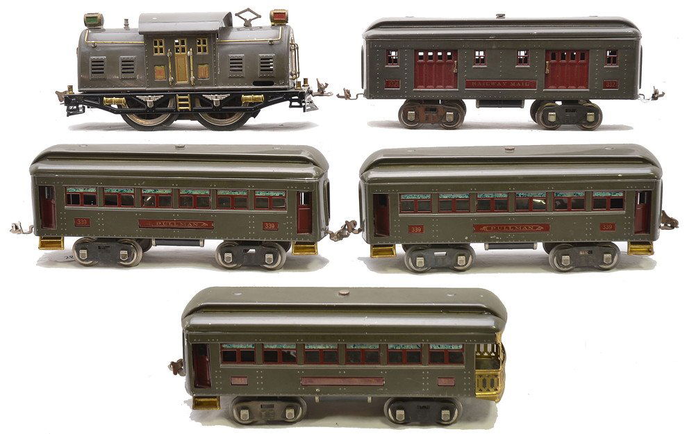 Lionel Std. Ga. Gray Passenger Set no. 352E: Lionel prewar standard gauge gray passenger set no. 352E containing; 10E electric loco with red lettered brass plates, 332 baggage, 339 Pullmans and a 341 observation. Also included is an extra 339 Pu