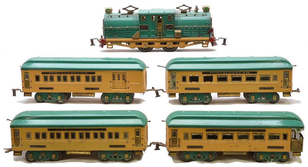 Am Flyer Pocahontas Passenger Set no. 1487: American Flyer prewar wide gauge Rookie Tan/Green Pocahontas passenger set no. 1487 including; 4637 Shasta electric loco, 4340 club, 4341 Pullman, 4343 dining car and a 4342 observation. The set has b