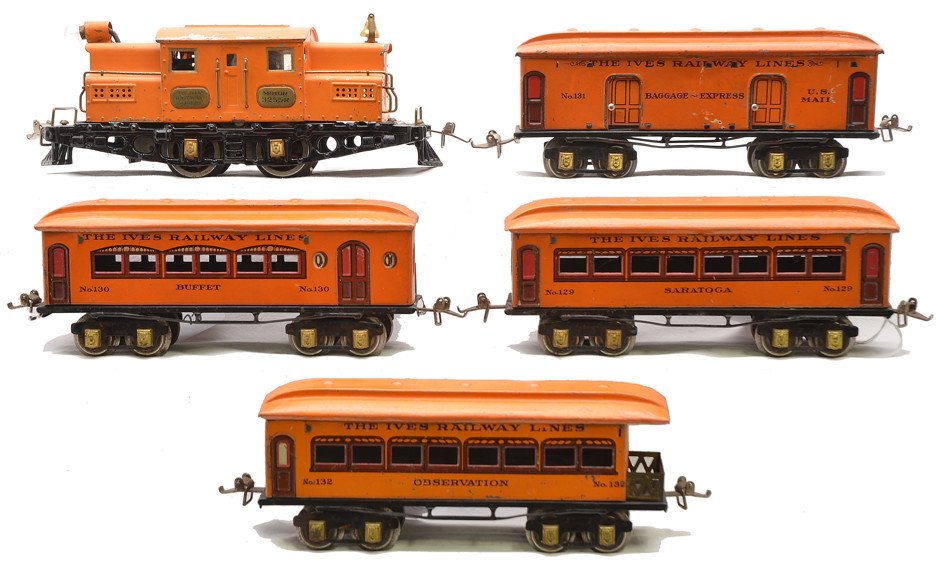 Ives Orange Litho Set 3255R 131 130 129 132: Ives prewar O gauge orange lithographed passenger set including; 3255R electric loco with brass trim, 131 baggage, 130 Buffet, 129 Saratoga and 132 observation. The cars have brass journals. The loco 