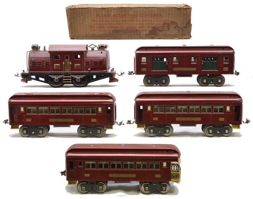Lionel Prewar Std. Ga. Maroon Pass Set no. 343: Lionel prewar standard gauge maroon passenger set no. 343 including; 380 electric loco in a worn OB, 320 baggage, two 319 Pullmans and a 322 observation. The cars have Mojave inserts and nickel journa