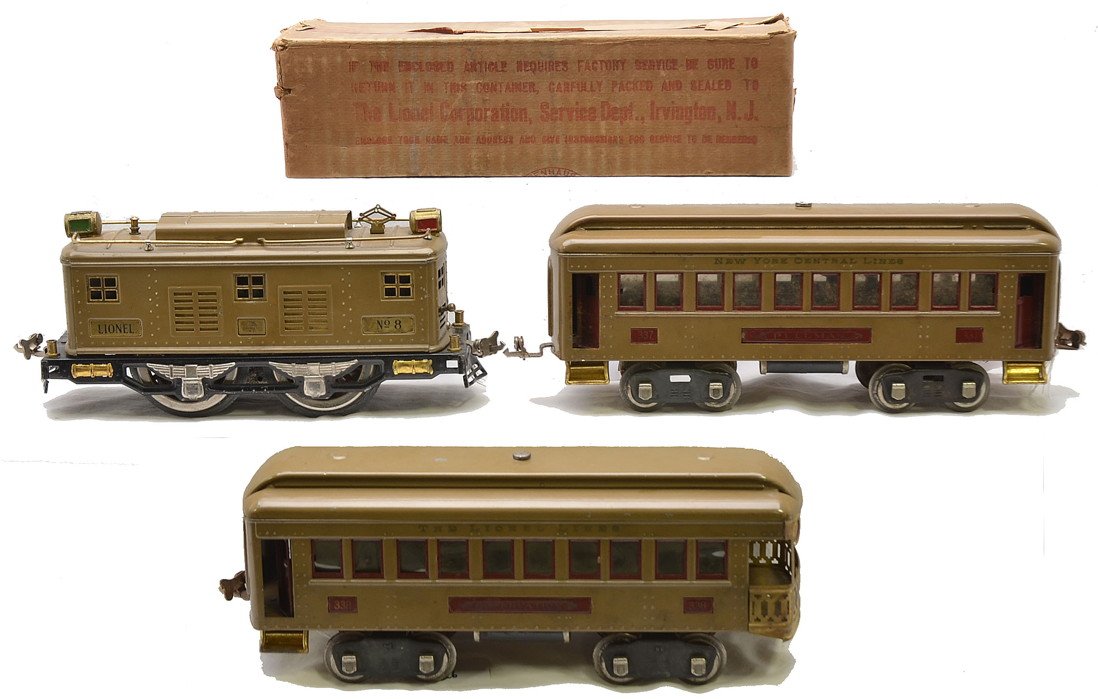 Lionel Std. Ga. Mojave Passenger Set no. 347: Lionel prewar standard gauge Mojave passenger set no. 347 including; 8 electric loco in OB, 337 Pullman and a 338 observation. The cars have maroon inserts and nickel journals. The wheels on the loco 
