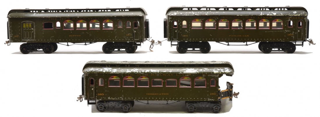 Ives Dark Olive Green Pass Cars 187 188 189: Ives prewar wide gauge dark olive green passenger cars including; 187 buffet, 188 parlor car and 189 observation. The cars have round top windows with multi color transoms, red window trim, black four