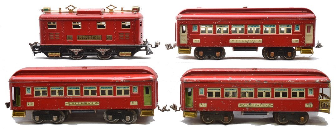 Lionel Prewar Special Red 251 Loco 710 710 712: Lionel prewar O gauge special red passenger set, circa 1930 including; 251 electric loco, two 710 Pullmans and 712 observation. The loco has cream inserts and brass trim. The cars have cream inserts, 