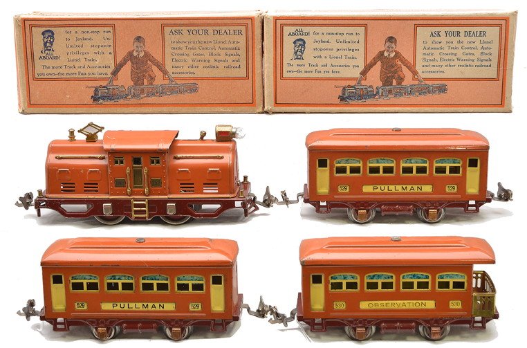 Lionel Set No. 294 Terra-Cotta 252 529 529 530: Lionel prewar O gauge set no. 294 terra-cotta passenger set, circa 1930 including; 252 electric loco, two 529 Pullmans in OBs and 530 observation. The loco and cars have maroon frames. The loco has a