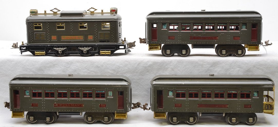 Lionel O Ga. Gray Passenger Set no. 97E: Lionel prewar O gauge gray passenger set no. 97E including; 251E electric loco with red lettered plates, two 605 Pullmans and a 606 observation. The cars have maroon inserts, nickel journals and are l