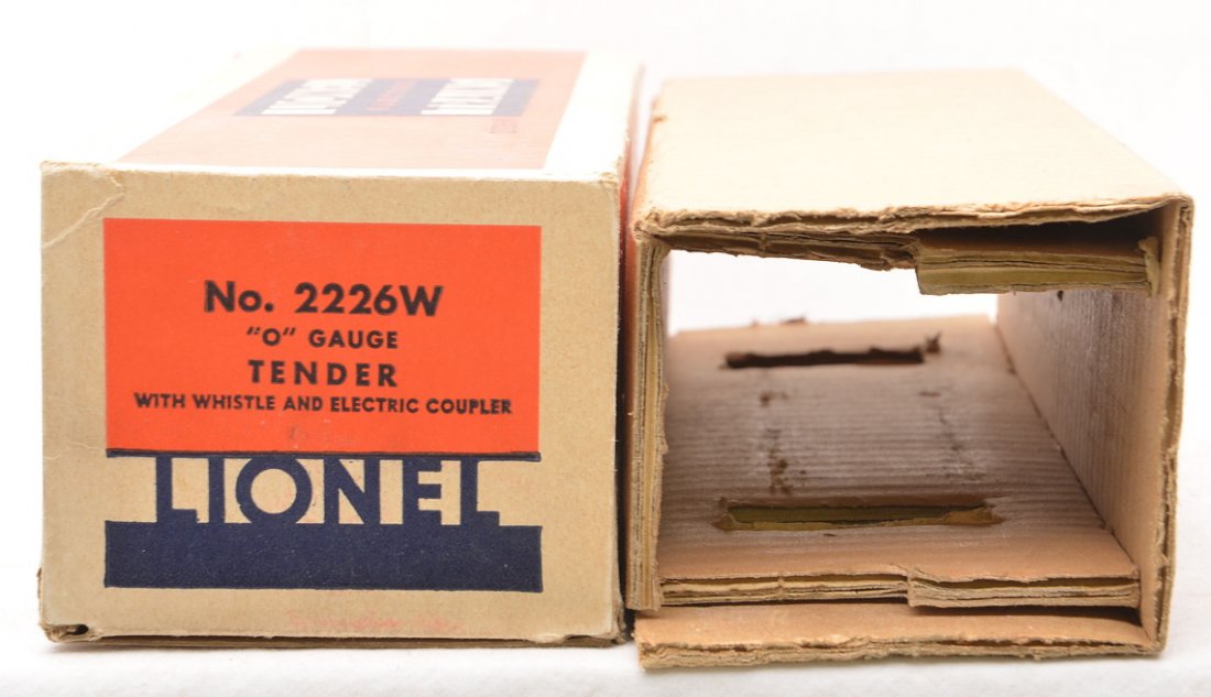 Lionel Original Box ONLY for 2226W Tender: Lionel prewar O gauge original box only for a 2226W tender with two original cardboard inserts. This box is clean and square with all flaps attached. One end flap has a small piece missing.