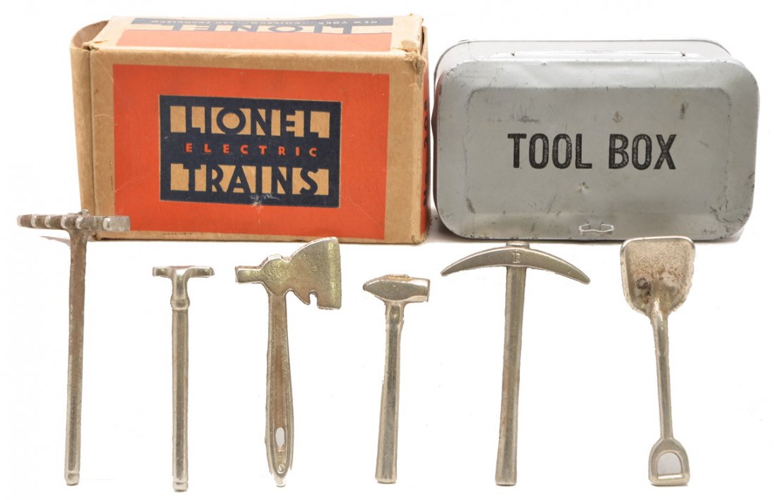 Lionel Std.Ga. 208 Gray Tool Box and Tools Boxed: Lionel prewar standard gauge 208 gray tool box with six nickel-plated cast iron tools in OB. Tools have some surface rust. Tool box and tools are C6. The OB has all flaps attached.