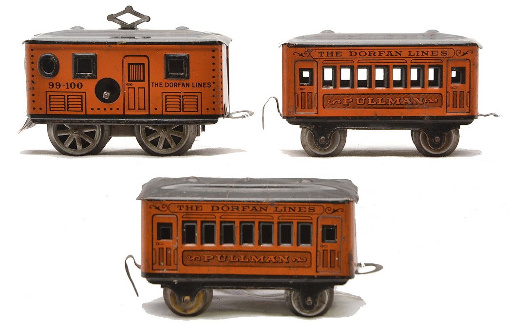 Dorfan Windup 99-100 Litho Orange Passenger Set: Dorfan prewar O gauge clockwork 99-100 lithographed tin orange/black passenger set including; electric loco and two Pullmans, C6.