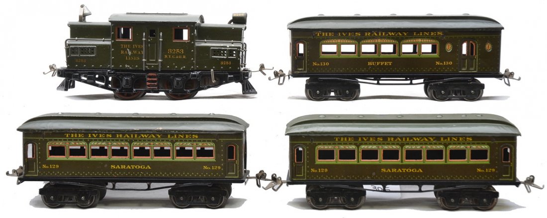 Ives Litho Olive Gr Set No. 504 2153 two 129 130: Ives prewar O gauge lithographed olive green freight set no. 504 including; 3253 electric loco, two 129 Saratoga Pullman cars and 130 Buffet. Loco has one broken pickup roller. Set is C6.