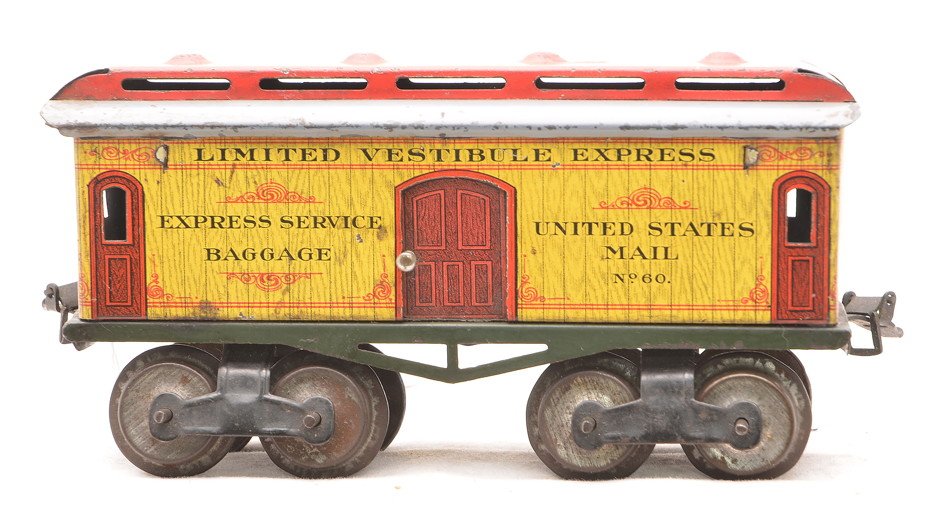 Ives Litho 60 baggage Yellow Sides Gary Roof: Ives prewar O gauge lithographed eight-wheel Limited Vestibule Express 60 baggage car with yellow sides, red doors, light gray roof with red clerestory and green frame. Wheels are covered with rust, C