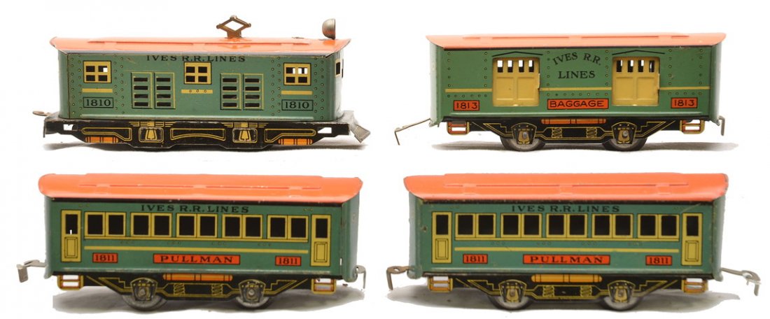 Ives Litho Blue 1810 1813 two 1811 Pass: Ives prewar O gauge blue lithographed four-wheel passenger set including; 1810 electric loco, 1813 baggage and two 1811 Pullman cars. All components have reddish-orange roofs. Set is C6.