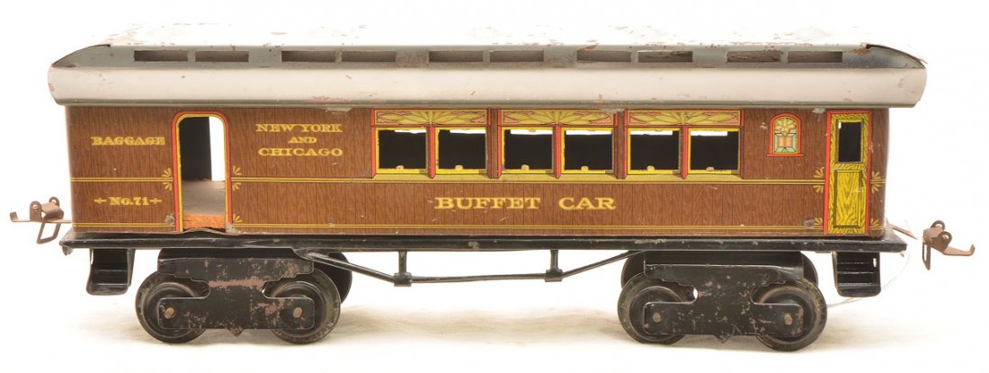 Ives Prewar 1 Gauge 71 Litho Brown Buffet Car: Ives prewar 1 gauge 71 lithographed buffet car with two post truss frame. The car is lettered BUFFET CAR below the window and NEW YORK AND CHICAGO beside the windows. The car has a brown body with gra
