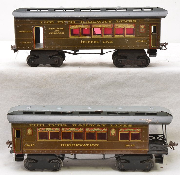 Ives Prewar 1 Ga. 71 73 Brown Pass Cars: Ives prewar 1 gauge lithographed passenger cars including No. 71 Buffet car and No. 73 observation car with four pairs of windows. The cars are lettered THE IVES RAILWAY LINES above the windows. This 