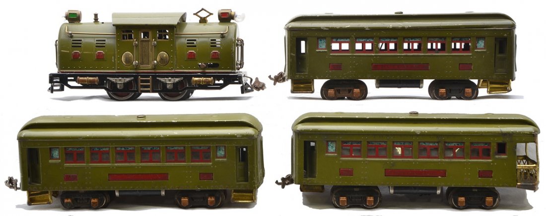 Lionel Promo Olive Green Pass Set 254 2-605 606: Lionel prewar O gauge promotional olive green passenger set including; 254 electric loco with brass trim and plates and maroon hatches, two 605 Pullmans and a 606 observation. The cars have maroon ins
