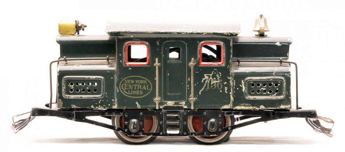 Lionel 153 Dark Green 0-4-0 NYC Electric Loco: Lionel prewar O gauge 153 dark green 0-4-0 electric loco, circa 1922 rubber-stamped NEW YORK CENTRAL LINES. The loco is missing one pickup roller, otherwise is C6.