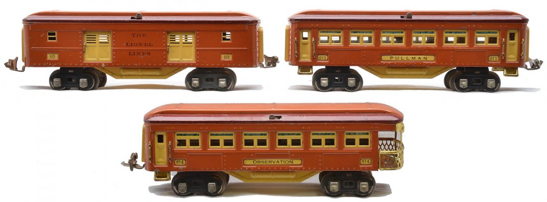 Lionel Terra Cotta Passenger Cars 615 613 614: Lionel prewar O gauge terra cotta passenger cars from set no. 144E including; 615 baggage, 613 Pullman and a 614 observation. The cars have cream inserts, maroon and terra cotta roofs and nickel journ