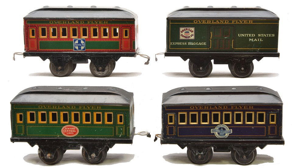 Hafner NYC B&O Santa Fe and Am Ex Cars: Hafner Overland Flyer prewar O gauge lithographed four-wheel passenger cars including; New York Central Lines with green body, Baltimore and Ohio with blue body and Santa Fe with red and green body. A