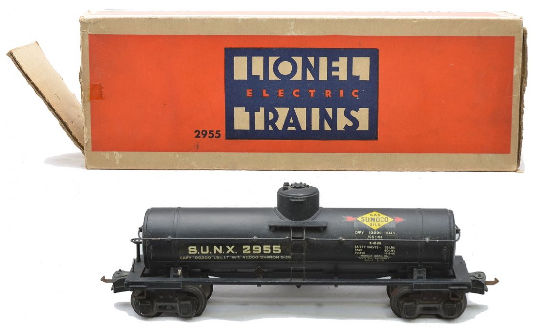 Lionel Semi-Scale 2955 Black Sunoco Tank OB: Lionel prewar O gauge semi-scale 2955 black Sunoco tank car in a OB with original cardboard insert. All decals are fully intact. The trucks have some spots of surface corrosion, rest of tank is C8. Th