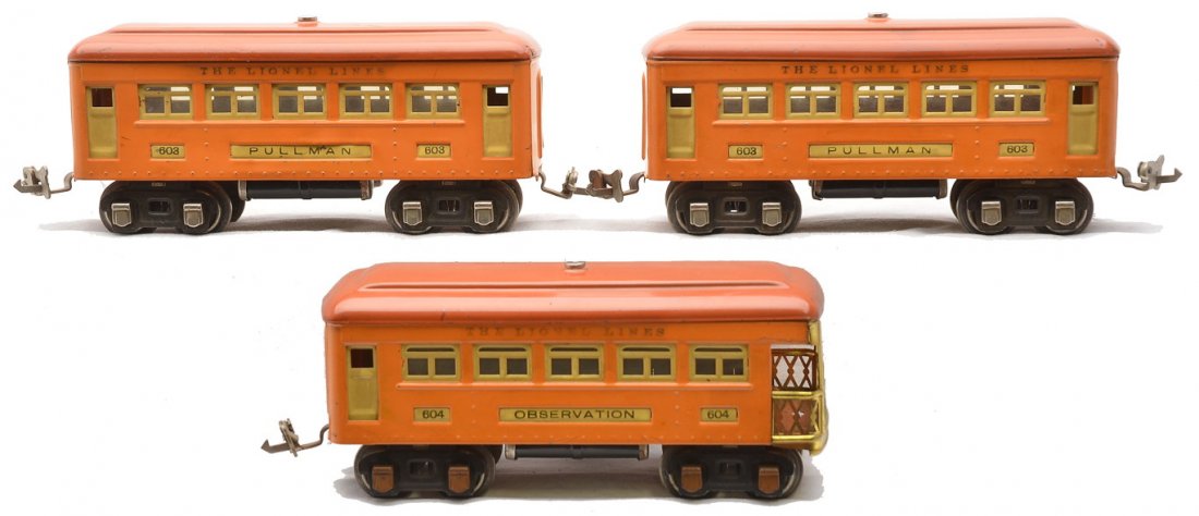 Lionel Yellow Orange Pass Cars 2-603 604: Lionel prewar O gauge three yellow-orange passenger cars including; two 603 Pullmans with nickel journals and 604 observation with copper journals. All cars have terra-cotta roofs and cream inserts.