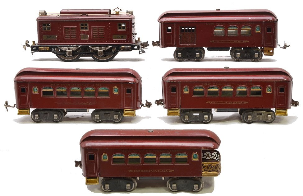 Lionel Std. Ga. Maroon Pass Set 8 31 35 35 36: Lionel prewar standard gauge maroon passenger set including; 8 electric loco with brass trim and plates, 31 baggage/Parlor combo, two 35 Pullmans and a 36 observation. The cars are rubber-stamped NEW 