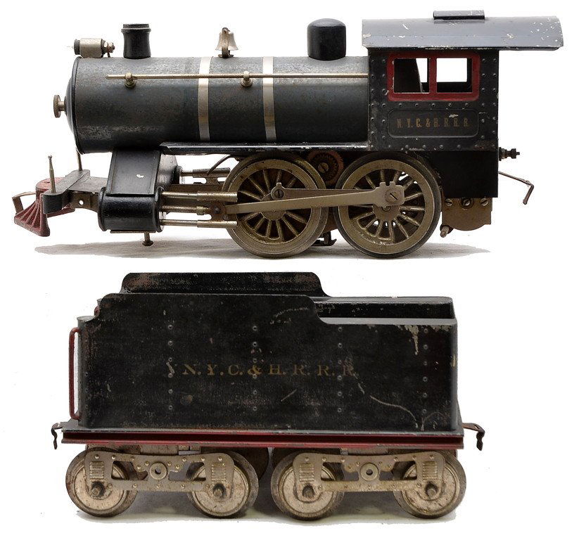 Lionel Std. Gauge No. 6 w/Tender NYC&HRRR: Lionel prewar standard gauge No. 6 black steam locomotive with eight-wheel black tender. The loco has thick-rimmed drivers, has a Russian blue boiler, red window and cowcatcher and nickel trim. Both l