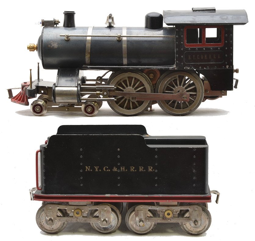 Lionel Std. Gauge No. 6 w/Tender NYC&HRRR: Lionel prewar standard gauge No. 6 black steam locomotive with eight-wheel black tender. The loco has thick-rimmed drivers and the pilot truck has been replaced. The loco has a Russian blue boiler, re