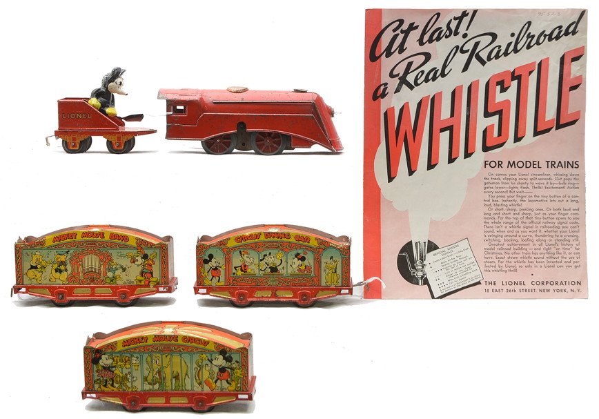 Lionel Litho Mickey Mouse Circus Train Set 1536: Lionel prewar O gauge Lithographed Mickey Mouse Circus train set no. 1536, circa 1935 including; 1508 red clockwork steam loco, 1509 Mickey Mouse stoker tender, 1536 band car, 1536 animal car, 1536 di