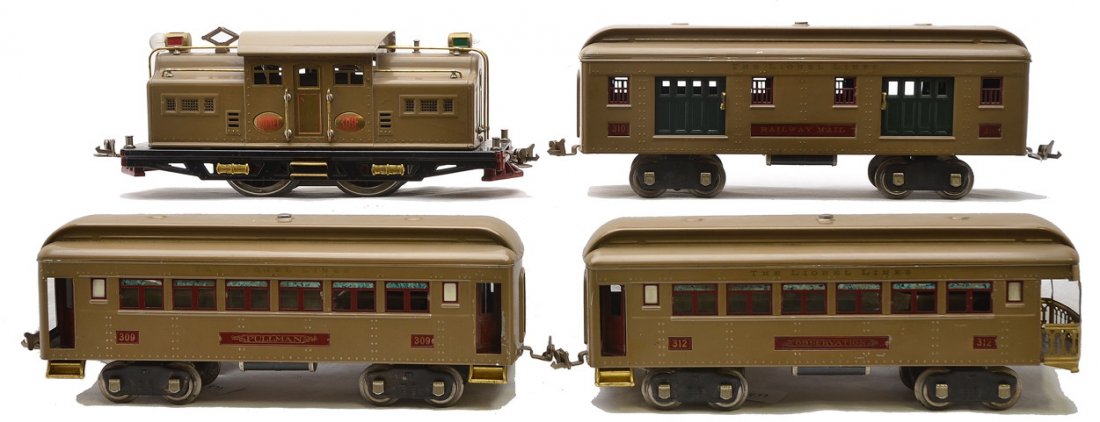 Lionel Std. Ga. Mojave Passenger Set no. 342E: Lionel prewar standard gauge Mojave passenger set no. 342E containing; 318E electric loco with red lettered brass plates, 310 baggage with green doors, 309 Pullman and a 312 observation. The 309 and 3