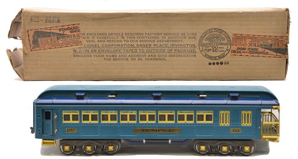 Lionel Blue Comet 422 Tempel Observation OB: Lionel prewar standard gauge Blue Comet 422 Tempel observation with brass trim and brass journals in OB. The interior is complete. There are two handrail missing. There is one spot on the roof where p