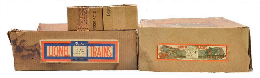 Lionel Original Set Boxes ONLY for 386E 365E: Lionel prewar standard gauge original set box only for freight set no. 386E that contained a 384E steam loco, 384T tender. 512 gondola, 513 cattle car and 517 caboose. The 386E set box is stained and 
