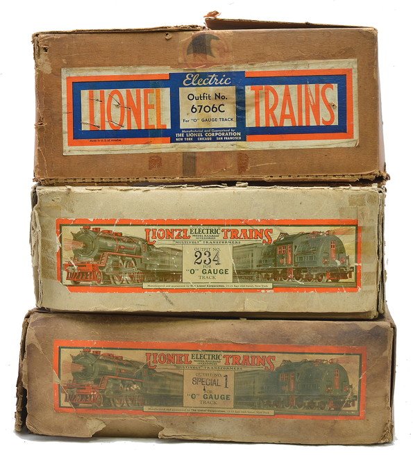 Lionel Orig. Set Boxes ONLY 6706C 234 Special 1: Lionel prewar O gauge set boxes only for the following sets; 6706C,terra cotta passenger set no. 234 that contained a 258 steam loco, 257T tender, two 529 Pullmans and a 530 observation and a passenge