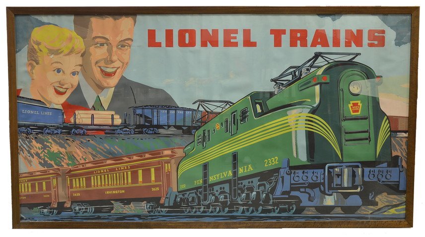 Lionel Trains Dealer Advertising Poster Framed: Neat Lionel trains dealer advertising poster, circa 1947-48 showing the 2332 green GG1 five stripe diesel pulling Irvington Pullmans and a freight set. There is a father and son and poster has LIONEL