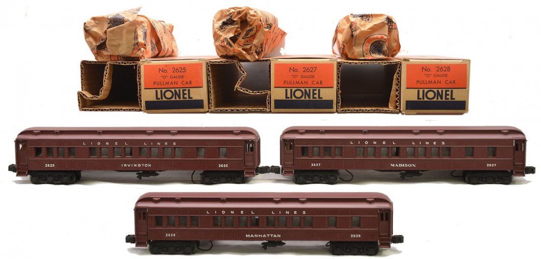 Lionel Pass Cars 2625 2627 2628 MINT Boxed: Fantastic Lionel postwar Tuscan passenger cars including; 2625 Irvington Pullman, 2627 Madison Pullman and a 2628 Manhattan Pullman all factory new in OBs with original cardboard inserts and paper wra