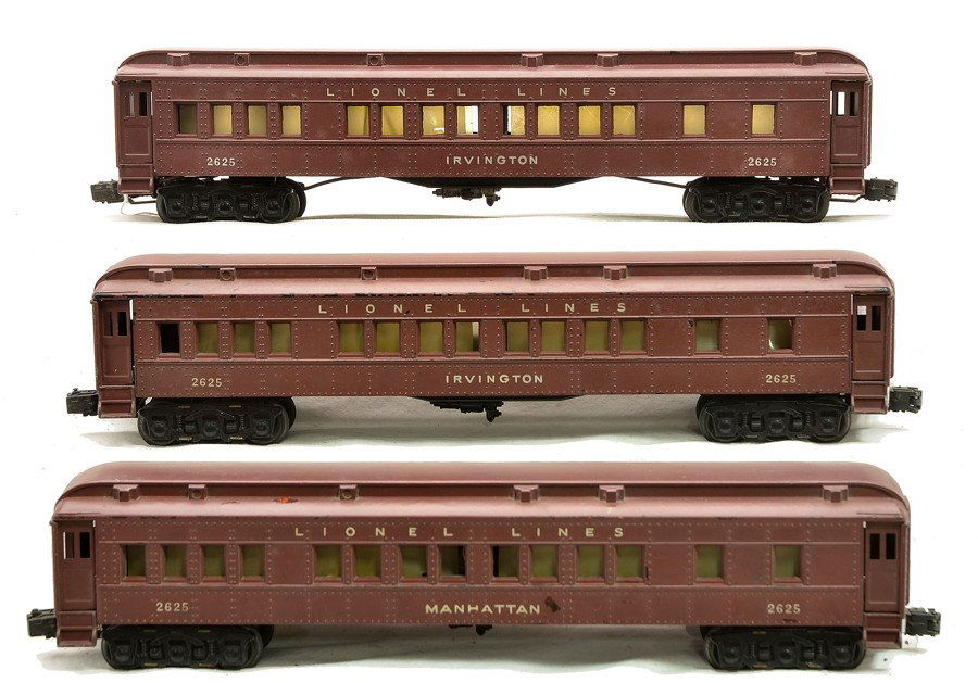 Lionel two 2625 Irvington and 2625 Manhattan: Lionel postwar Tuscan passenger cars including; two 2625 Irvington and 2625 Manhattan. This is the version made in 1947 where each car had a different name but all had the same 2625 number. Cars are C