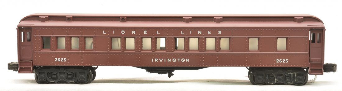 Lionel Tuscan 2625 Irvington Pullman: Lionel postwar Tuscan 2625 Irvington Pullman, circa 1949. The car has a nice matte patina and stampings are strong. Car does not have much run time, C8.