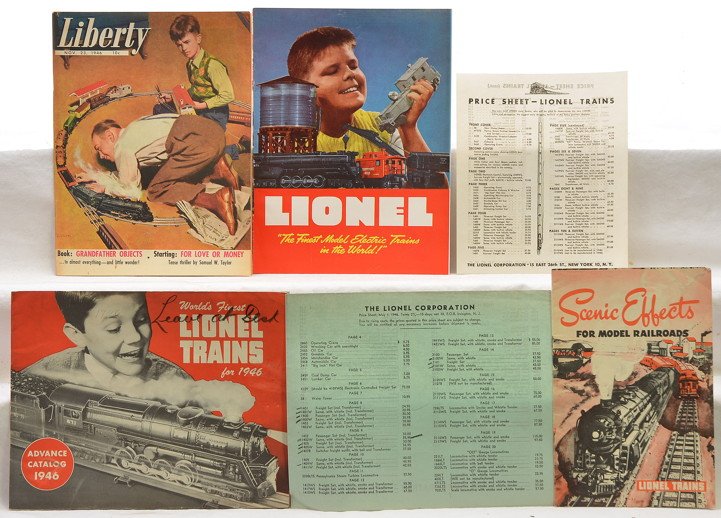 Lionel Original Catalogs 1946 Adv. 1946 Con.: Lionel postwar original catalogs including; 1946 advance with price sheet and 1946 consumer with price sheet. The advance catalog has some writing on the front. Both catalogs show some wear. Also incl