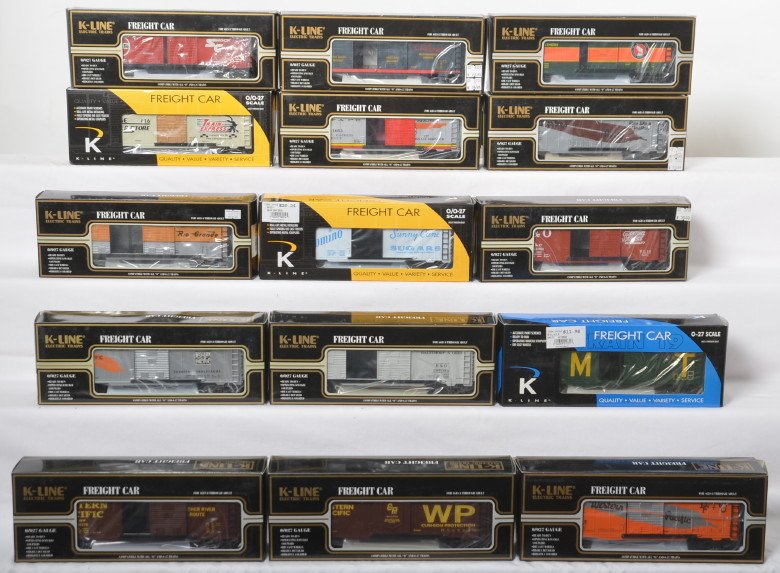 15 K Line boxcars WP, B&O, GN, etc: K Line modern O gauge boxcars in OBs. Fifteen cars include 640-1731 MKT, 641-8014 Domino, 91162 Kline Superstore, 644-1491 Rio Grande, 641-1051 Santa Fe, 641-2172 Western Pacific, 645-2171 Western Pac