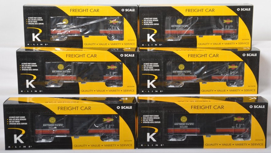 6 K Line scale Southern Pacific boxcars: K Line modern O gauge Southern Pacific O scale boxcars in OBs. Six cars include k761-20342, 41, 43, 44, 45, and 46. Cars are C9-10.