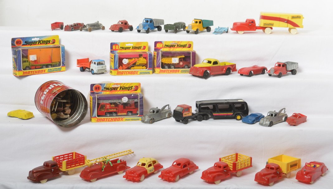 Two boxes full of Dinky, Tootsie Toy, Matchbox and more: Two flats of toys. Includes four Matchbox Super King vehicles, eight Renwal trucks and taxi, eight marked Tootsie Toy vehicles, three Slik-toy vehicles Dinky truck, Tonka hauler, and older bob tail ve