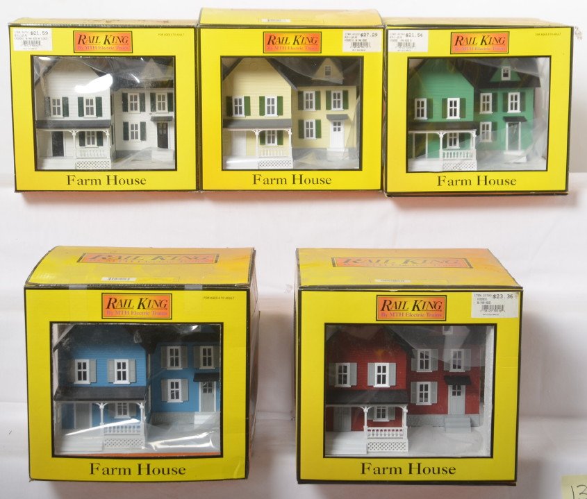5 Railking farm houses, 90115, 9046, 9083, etc: MTH Railking modern O gauge buildings in OBs. Five farm houses include 90115, 9046, 9016, 9083, and 90042. C9-10 OBs are a bit dusty.