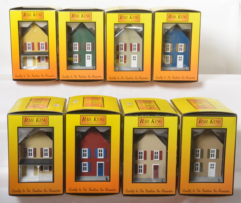 8 Railking Row Houses 90043, 90182, 90181, etc: MTH Railking modern O gauge buildings in OBs. Eight row houses include 90183, 90247, 90120, 90043, 90180, 90181, 90182, 90117. Houses are C9-10 OBs are a bit dusty.