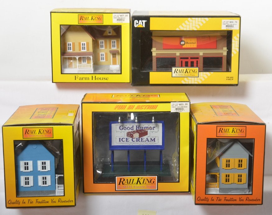 5 Railking buildings CAT, Country House, Farm House,: MTH Railking modern O gauge buildings and billboard in OBs. Five items include unnumbered Country House with yellow shutters, 9008 country house, 90127 Caterpillar rental store, 90134 Good Humor billb