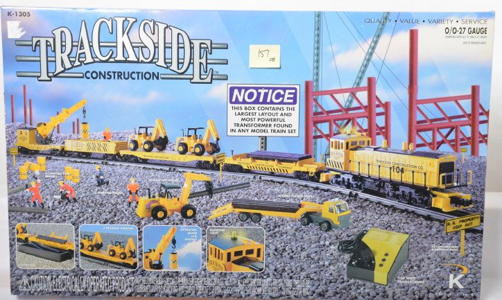 K Line K-1305 construction set: K Line modern O gauge K-1305 Trackside Construction train set in OB. Train is C9-10 and includes track and transformer. OB has some very light wear and tape.
