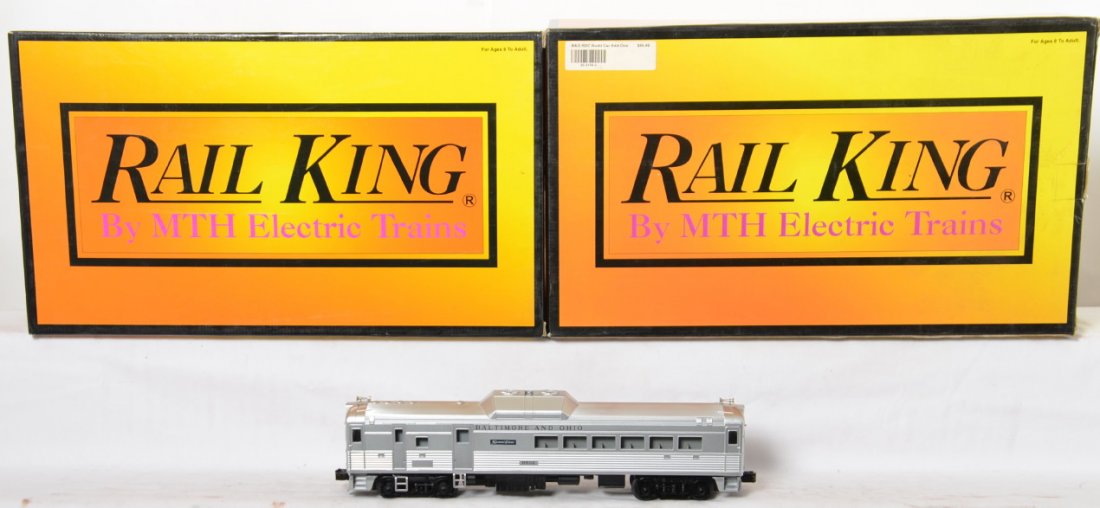 Railking B&O RDC set with Proto: MTH Railking modern O gauge Baltimore and Ohio RDC Budd car set in OB. Includes 30-2144-1 two car set and 2144-3 two car add on. Powered unit features Protosounds. Units are C8 with run time. OBs have
