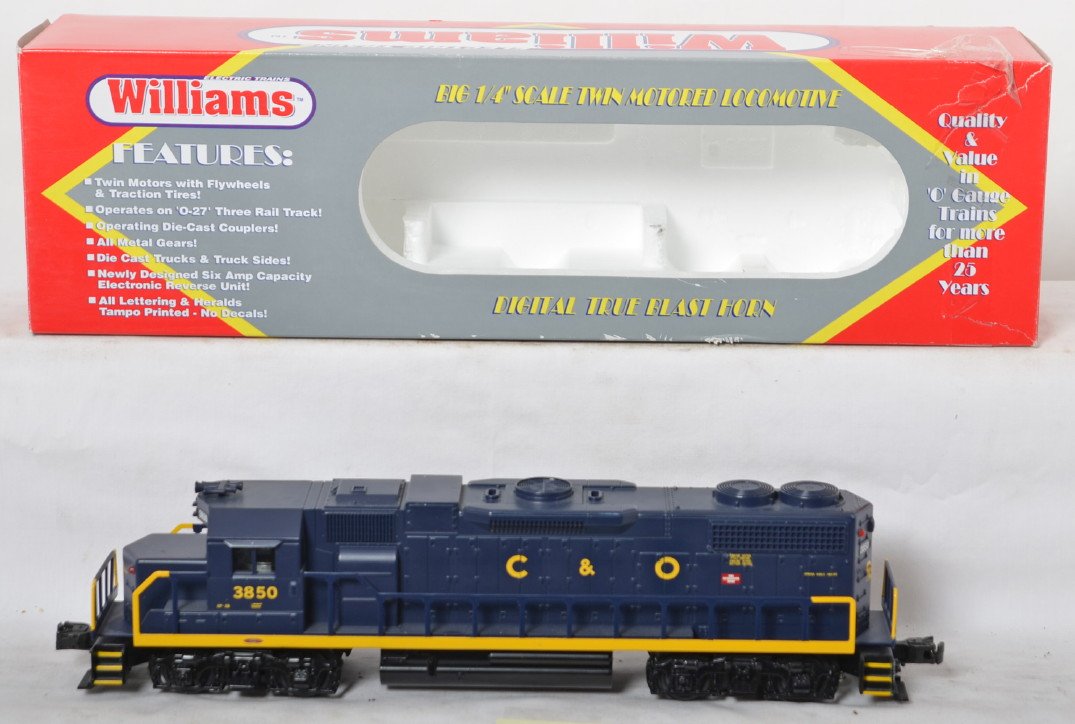 Williams C&O GP-38 diesel locomotive: Williams modern O gauge Chesapeake and Ohio GP-38 diesel locomotive in OB. Catalog number is GP-38-203. Locomotive features True Blast II horn and bell. Loco is C8. Locomotive original box has light c